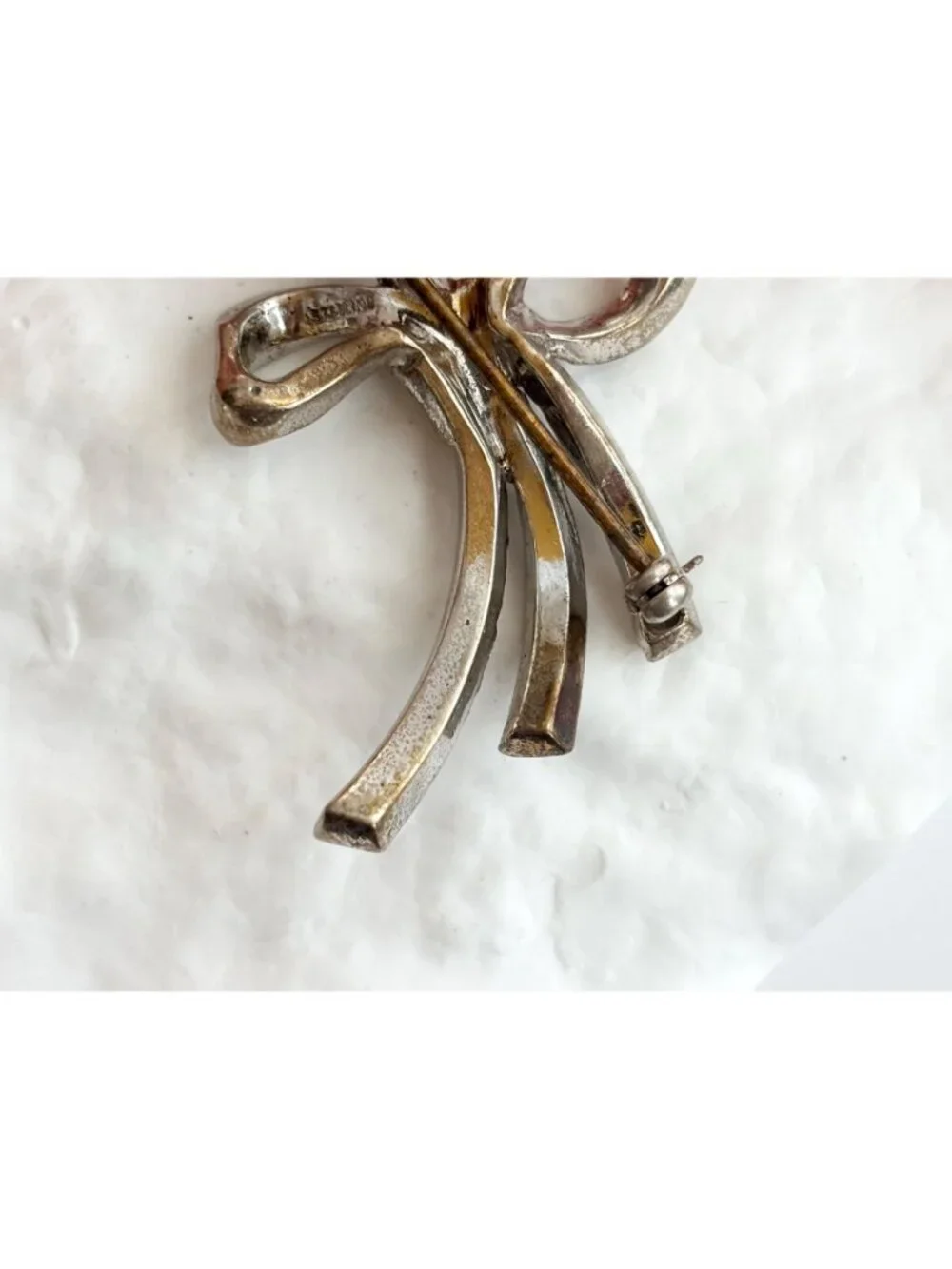 Ribboned Bow Rhinestone Accented Sterling Silver 925 Vintage Brooch | Lapel Pin